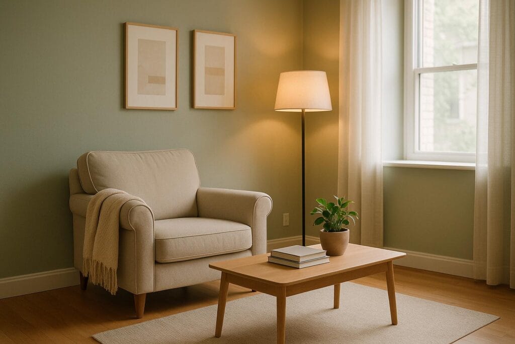 A calm, serene therapy office environment for anxiety and depression treatment